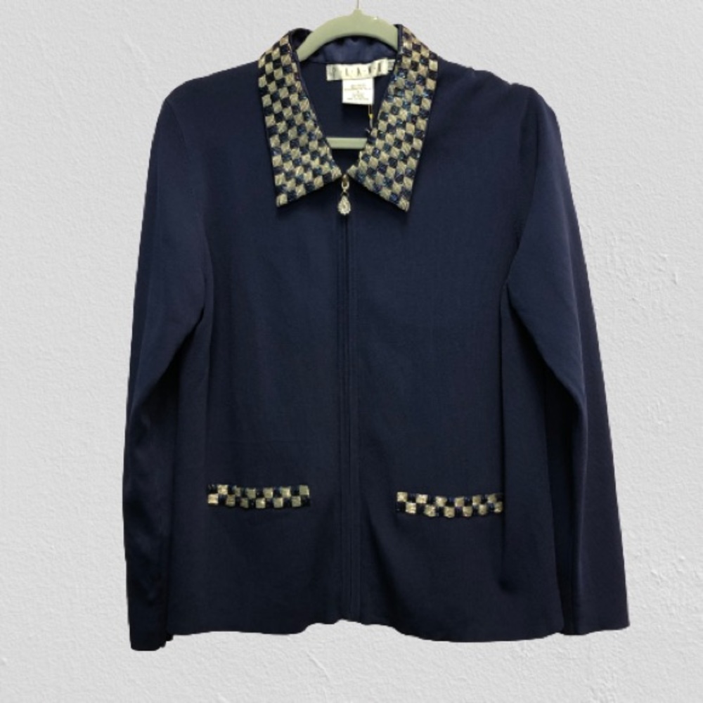 PIANO zip up sweater with sequin faux pockets and collar sparkling charm…